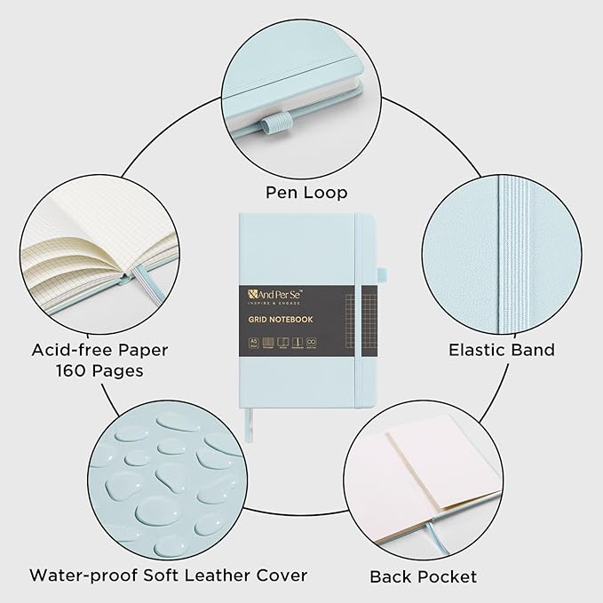 160 Pages, A5 5.7 x 8 inches 100 gsm Thick Paper Notebook Journals for Writing, Grid Hardcover Notebook(1 Pack, cyan)