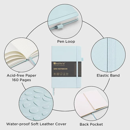160 Pages, A5 5.7 x 8 inches 100 gsm Thick Paper Notebook Journals for Writing, Grid Hardcover Notebook(1 Pack, cyan)