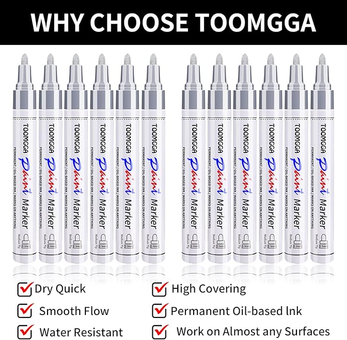 Silver Paint Pens Paint Markers - 12 Pack Permanent Markers Oil Based for Metal Wood, Pens for Metal, Car Tyre, Wood, Plastic, Rock Painting, Glass, Craft Supplies, Waterproof