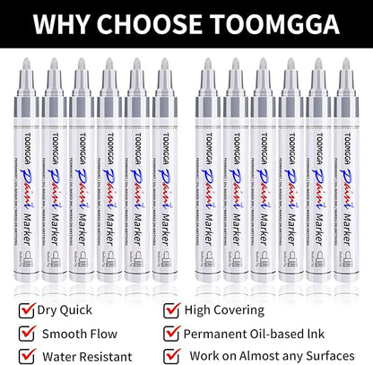 Silver Paint Pens Paint Markers - 12 Pack Permanent Markers Oil Based for Metal Wood, Pens for Metal, Car Tyre, Wood, Plastic, Rock Painting, Glass, Craft Supplies, Waterproof