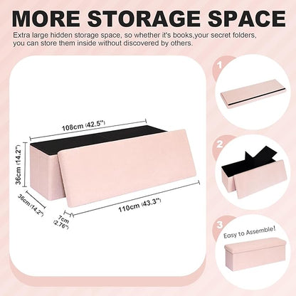 PINPLUS Storage Ottoman Bench Sherpa Foot Rest, Foldable Boucle Ottomans, Large Faux Teddy Fur Ottoman Storage Box Entryway Bench for Dorm, Pink, 43.3'' x 15'' x 15''
