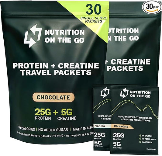 Nutrition On The Go Whey Protein Isolate Packets with Creatine – 25g Protein + 5g Creatine – Single-Serve Travel Protein Powder - Variety Pack (Vanilla & Chocolate) (30-Pack)