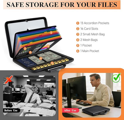 Fireproof Document Box File Organizer: Hard-Shell Case Fireproof Waterproof Box with Lock & 13 Pocket Accordion File Folder - Portable Home Office Travel Safe Storage for Important Documents and Files