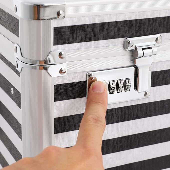 Mobile Business Case, Locking Mobile Storage File Box with Telescopic Handle, Rolling File Box Metal, 19.2 x 15 x 16 Inches, Portable Files Storage Organizer for Office Home School (Striped Pattern)
