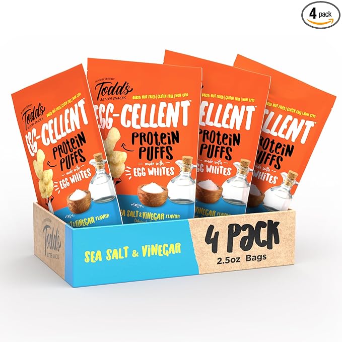 Todd's Better Snacks Egg-Cellent Protein Puffs, Sea Salt & Vinegar – 12g Protein, Gluten-Free, Paleo-Friendly, Baked, GLP-1 Compliant – Healthy Snack, Made with Egg Whites – 2.5 Oz (Pack of 4)