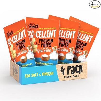 Todd's Better Snacks Egg-Cellent Protein Puffs, Sea Salt & Vinegar – 12g Protein, Gluten-Free, Paleo-Friendly, Baked, GLP-1 Compliant – Healthy Snack, Made with Egg Whites – 2.5 Oz (Pack of 4)