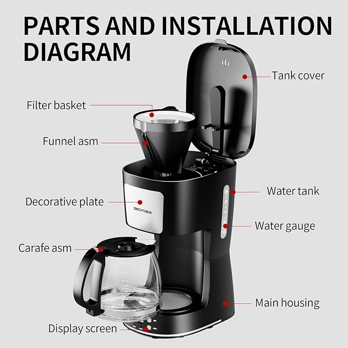 12-Cup Drip Coffee Maker with Reusable Filter,Programmable Clock,Auto Brew,Water Window,Keep Hot Plate,Glass Carafe,Compact Design for Kitchen,Office,Silver and Black