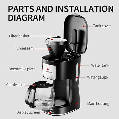 12-Cup Drip Coffee Maker with Reusable Filter,Programmable Clock,Auto Brew,Water Window,Keep Hot Plate,Glass Carafe,Compact Design for Kitchen,Office,Silver and Black
