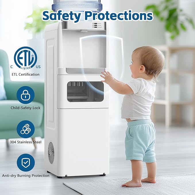 3 in 1 Water Cooler Dispenser with Ice Maker, Hot and Cold Water Dispenser for Home Office, 33lbs/24H, Top Loading 3 or 5 Gallon, Child Lock, Bullet Ice, White