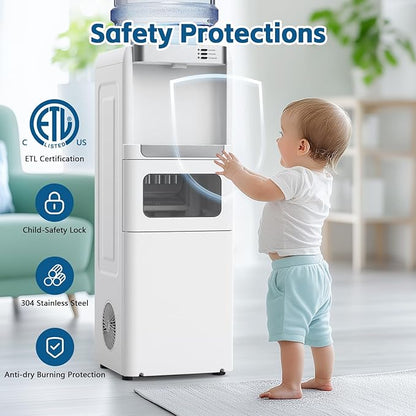3 in 1 Water Cooler Dispenser with Ice Maker, Hot and Cold Water Dispenser for Home Office, 33lbs/24H, Top Loading 3 or 5 Gallon, Child Lock, Bullet Ice, White