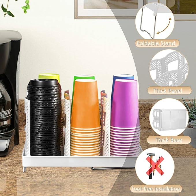 Paper Cup Dispenser, Cup and Lid Holder with 6 Slots, Disposable Coffee Cup Storage Organizer for Countertop, Office, Home, Breakroom, Restaurant, Coffee Station (White)