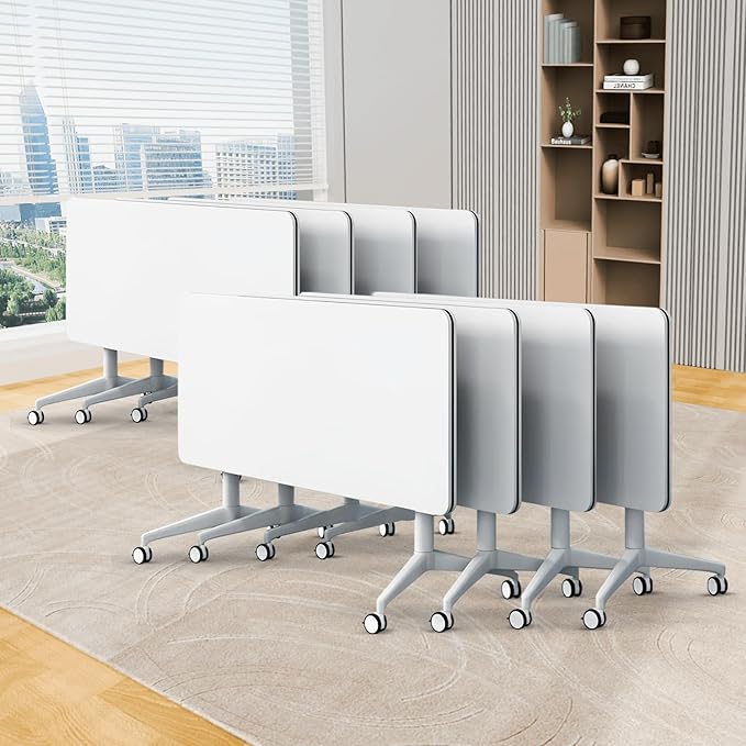 Folding Conference Table, Conference Room Tables Foldable Large Meeting Seminar Table on Wheels,Flip Top Boardroom Training Tables for Office, Classroom,Meeting (8, White, 47.2in)