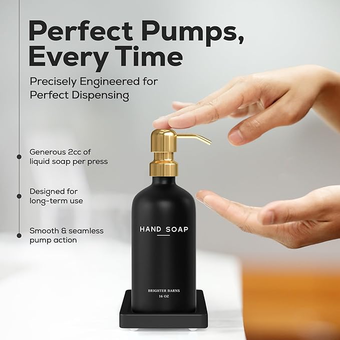 Luxury Glass Soap Dispenser Bathroom Set by Brighter Barns - Black and Gold Soap and Lotion Dispenser Set with Tray - Modern Bathroom Decor for Airbnb, Guest House, Vacation Rental, Gift (Black/Gold)