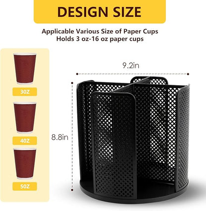 Coffee Cup Dispenser, Disposable Paper Cup and Lid Holder 360° Rotatable with 4 Compartments,Can Stacking 3-16oz Cups and Lid Holder for Coffee Shop,Home Countertop,Office,Restaurant,Kitchen