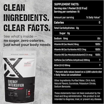 CardoMax - Energy Drink Packets - Liquid Preworkout for Men & Women Caffeine Packets with BCAA, Vitamin B12, Vitamin B6 & B3 - Sugar-Free, Zero Calorie, Vegan & Keto - 15 Stick Packs - Watermelon