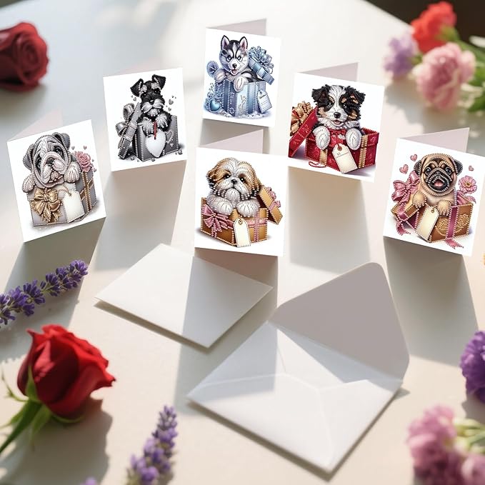 jinglinhh 12pcs Valentine's Day Diamond Art Painting Rose Cat Dog Gift Box Puppy Greeting Cards with Envelopes, DIY Card Making Kits for Adults, Diamond Art Birthday Holiday Cards Craft Gifts