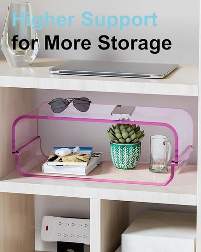 Acrylic Dual Monitor Stand Riser 2 Tier, Modular Laptop Stand for Desk, Multifunctional Desktop Organizer Shelf for PC, iMac, Printer, Detachable Monitor Stand for Office or Home, Pink