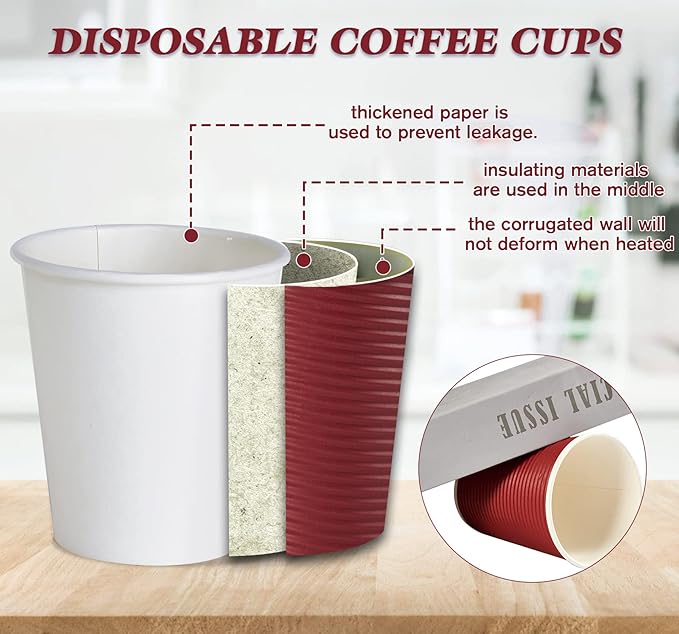 LITOPAK 80 Pack Insulated Ripple Wall 12 oz Disposable Paper Cups, Three Layer Insulated Hot Paper Coffee Cups with Lid and Straws for Parties, Picnics, and Travel