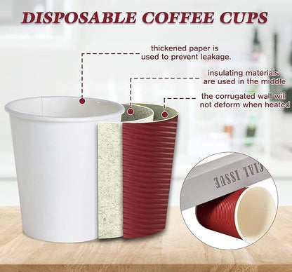 LITOPAK 80 Pack Insulated Ripple Wall 12 oz Disposable Paper Cups, Three Layer Insulated Hot Paper Coffee Cups with Lid and Straws for Parties, Picnics, and Travel
