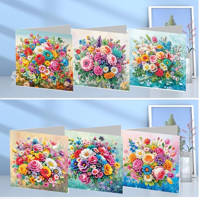 6pcs DIY Flowers Diamond Art Painting Greeting Cards Kit, Rhinestone Art Holiday Birthday Card Set with Envelopes, DIY Festival Craft for Girlfriend, Christmas Valentine Gift Making Supplies