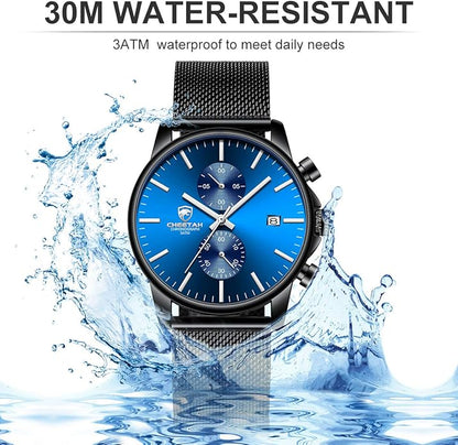GOLDEN HOUR Mens Watch Fashion Sleek Minimalist Quartz Analog Mesh Stainless Steel Waterproof Chronograph Watches for Men with Auto Date