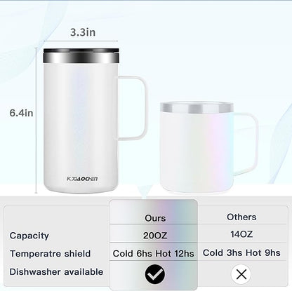 KXIAOCHEN 20oz Insulated Coffee Mug with Lid, Stainless Steel Coffee Cup, Double Wall Vacuum Coffee Tumbler with Handle, Premium Thermal Travel Coffee Mug (Glitter Black White 2Pack)