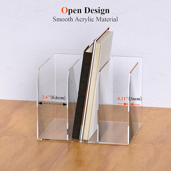 Acrylic File Organizer for Desk, Clear Magazine File Holder Sorter with 3 Vertical Compartments Rack, Desk Organizer Office Supplies Stand Bookshelf - 8.46" W x 7.2" D x 6.5" H