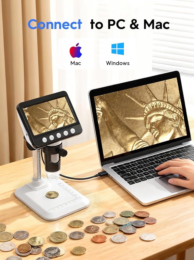 Coin Microscope for Error Coins, 4.3 inches 1080P LCD Digital Microscope, 50x-1000x Magnifier with 8 Adjustable LED Lights, PC View, Compatible with MacOS Windows for Adults Kids