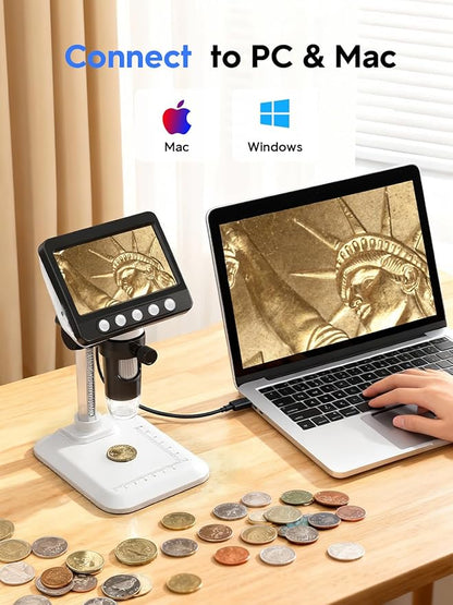 Coin Microscope for Error Coins, 4.3 inches 1080P LCD Digital Microscope, 50x-1000x Magnifier with 8 Adjustable LED Lights, PC View, Compatible with MacOS Windows for Adults Kids