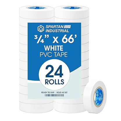 SPARTAN INDUSTRIAL - 3/4" X 66' White Vinyl Tape - 24 Rolls of Colored Electrical Tape for Wires, Cables, Sports Equipment, and More