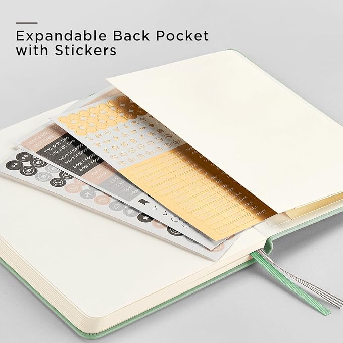 A5 Hardcover Leather Bullet Dotted Journal, 160 Pages 100 gsm Thick Paper, 3 Sheets of Stickers Included- 5.7'' x 8''（Light Green）
