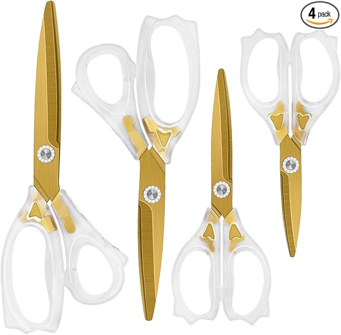 Acrylic Scissors, Ultra-Sharp Titanium Coated Blades and Ergonomic Clear Handle, Clear Gold Sscissors for Office Desk, Modern Design for Craft, Sewing, Office & Home, Set of 4, Gold