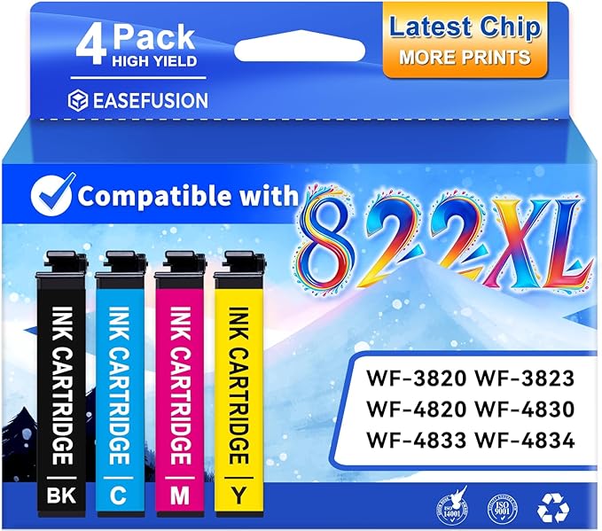Latest Chip Remanufactured Ink Cartridges Replacement for Epson 822XL 822 XL Ink Cartridges Combo Pack Works with Workforce Pro WF-3820, WF-3823, WF-4820, WF-4830, WF-4833, WF-4834 Printers (4-Pack)