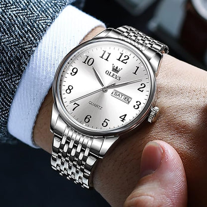 OLEVS Mens Watch Stainless Steel Analog Quartz Watches for Men Day Date Easy Read Diamond Waterproof Dress Luxury Classic Casual Big Face Blue/Black/Gold/Silver Roman Arabic Numerals Men's Wrist Watch