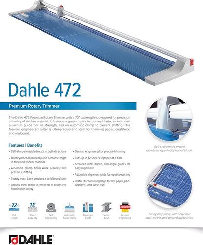Dahle 472 Premium Rolling Trimmer, 72" Cut Length, 12 Sheet Capacity, Self-Sharpening, Automatic Clamp, German Engineered Paper Cutter