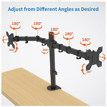 H&C(hcck&Cllassp) Dual Monitor Mount, Monitor Arm with Swivel, Tilt, Rotation, Height Adjustable, VESA Mount for 17-27” Monitors up to 17.6lbs, Desk Mount with C-Clamp, Black
