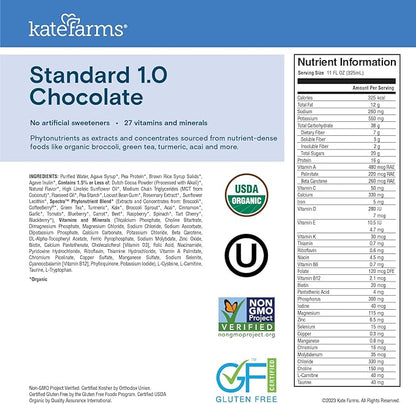KATE FARMS Organic 1.0 Sole-Source Nutrition Shake, Chocolate, 16g Protein, 27 Vitamins and Minerals, Meal Replacement, Protein Shake, 11 oz (12 Pack)