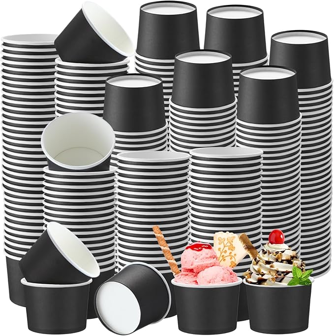 Honeydak 400 Pack 150 ml/ 5 oz Ice Cream Cups for Party Small Ice Cream Cups Disposable Treat Paper Dessert Snacks Sundae Container Wedding Birthday Party Supplies (Black,Simple)