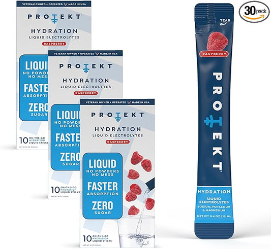 PROTEKT Electrolyte Packets for Recovery & Hydration | Organic & Sugar-Free Electrolytes Drinks | Works Faster Than Powder Drink | On-The-Go Liquid Hydration Drink | Raspberry, 30 Pack