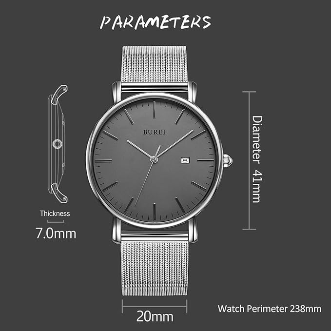 BUREI Men Watches Brown Leather Fashion Minimalist Wrist Watch Simple Ultra Thin Waterproof Quartz Watches All Black Stainless Steel Mesh Band,Gift for Men Women