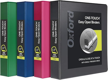 Oxford 3 Ring Binders, Binders for School, 1.5 Inch ONE-Touch Easy Open D Rings, 3-Sided View Binder Covers, Xtralife Hinge, Non-Stick, PVC-Free, Assorted Colors, 375-Sheet Capacity, 4 Pack (79907)