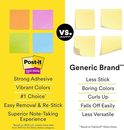 Post-it Super Sticky Lined Notes, 6 Sticky Note Pads, 4 x 4 in., School Supplies, Office Products, Sticky Notes for Vertical Surfaces, Monitors, Walls and Windows, Energy Boost Collection