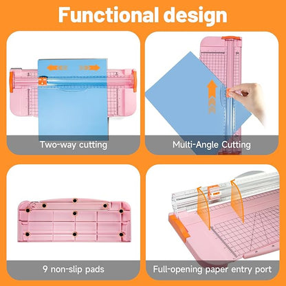 12-Inch A4 Paper Cutter 3-Piece Set with Automatic Safety Guard, Precision Side Ruler, Non-Slip Base – Ideal for Craft Paper Gift Cards Coupons Labels Photos – Durable Pink Trimmer for Home & Office