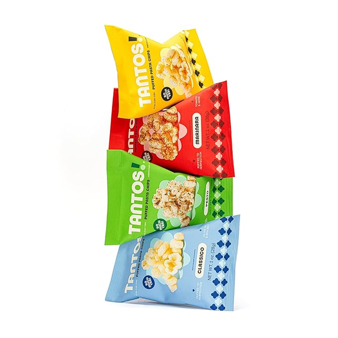 Tantos! Puffed Pasta Chips, Healthy Pasta Snack by Top Chef Joe Sasto, As Seen on Shark Tank, Plant Based, Low Calorie, Crunchy Chips, Variety Pack, Marinara, Pesto, Cacio e Pepe, Classico, Gourmet Bold Flavors, 4oz 12 Pack 3 of Each Flavor, Variety