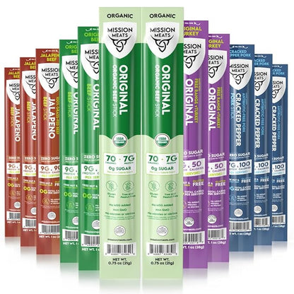 Mission Meats Variety Pack with Certified Organic Beef, Grass Fed, Free Range Turkey, and Cracked Pepper Pork – Gluten & Sugar Free, Whole 30 & Paleo Friendly, Delicious and Family Friendly (12 Count)