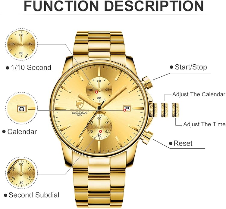 GOLDEN HOUR Fashion Business Mens Watches with Stainless Steel Waterproof Chronograph Quartz Watch for Men, Auto Date