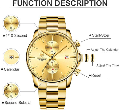 GOLDEN HOUR Fashion Business Mens Watches with Stainless Steel Waterproof Chronograph Quartz Watch for Men, Auto Date