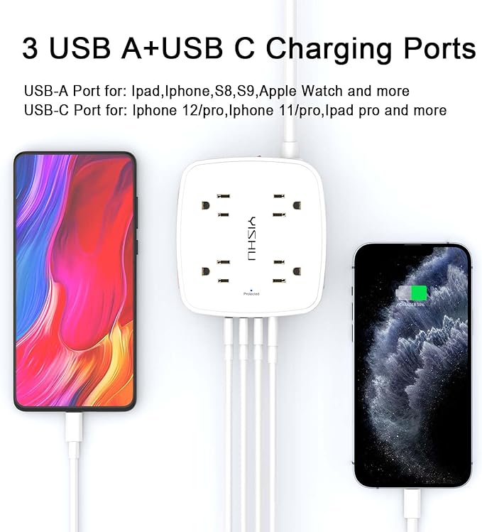 15 Ft Surge Protector Power Strip - 8 Widely Outlets with 4 USB Ports, 3 Side Outlet Extender with 15 Feet Extension Cord, Flat Plug, Wall Mount, Desk USB Charging Station, ETL, White