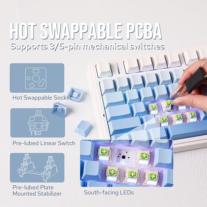 EPOMAKER x Aula F75 Gasket Mechanical Keyboard, 75% Wireless Hot Swappable Gaming Keyboard with Five-Layer Padding&Knob, Bluetooth/2.4GHz/USB-C, RGB (Blue Gradient, LEOBOG Reaper Switch)