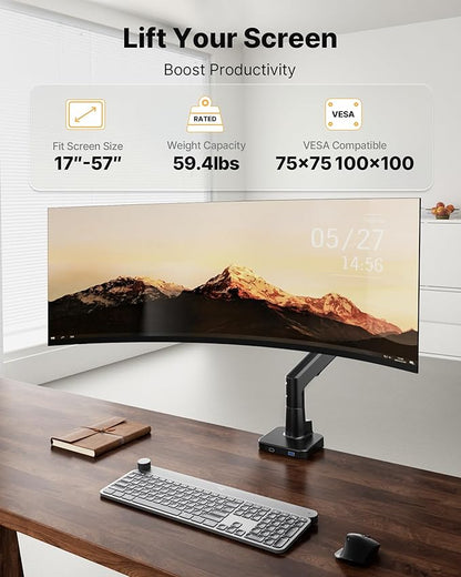 monTEK Sleek Aluminum Monitor Arm for 17–57” Ultrawide Screens up to 59 lbs, USB 3.0 A/C, Heavy Duty Single Monitor Arm Desk Mount, Pneumatic Lift, Quick-Release Plate, Clamp/Grommet, VESA 100x100